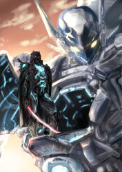 Rule 34 | 1boy, ares (xenoblade x), armor, black knight (xenoblade x), cape, cloud, cloudy sky, floating, glowing, glowing eyes, highres, holding, holding sword, holding weapon, katana, looking at viewer, momomoxeno, monolith soft, red eyes, skell (xenoblade x), sky, standing, sword, weapon, xeno (series), xenoblade chronicles (series), xenoblade chronicles x