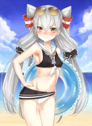 Rule 34 | 10s, 1girl, amatsukaze (kancolle), bad id, bad pixiv id, beach, bikini, blue sky, blush, brown eyes, cloud, commentary request, covered erect nipples, day, eyewear on head, front-tie top, glasses, hair tubes, hand on own hip, highres, innertube, kantai collection, long hair, looking at viewer, low twintails, navel, nezumi doshi, ocean, outdoors, sailor bikini, sailor collar, sand, scrunchie, side-tie bikini bottom, silver hair, sky, smile, solo, sunglasses, swim ring, swimsuit, twintails, two side up, water