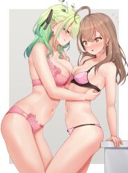 Rule 34 | 2girls, ahoge, antlers, blush, bra, breasts, brown eyes, brown hair, ceres fauna, closed mouth, earrings, flying sweatdrops, from side, green hair, hair between eyes, highres, hololive, hololive english, horns, jewelry, large breasts, licking lips, long hair, medium breasts, mole, mole under eye, multiple girls, nanashi mumei, navel, open mouth, panties, pink bra, pink panties, sleepypudding, tongue, tongue out, underwear, underwear only, virtual youtuber, yellow eyes, yuri