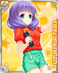 1girl card_(medium) character_name closed_mouth girlfriend_(kari) green_eyes kiriyama_yuzuki official_art purple_hair qp:flapper red_shirt shirt smile solo tagme teal_shorts umbrella yellow_background