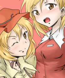 Rule 34 | 2girls, :d, aki minoriko, aki shizuha, blonde hair, blouse, blush, breasts, dress, hat, looking at viewer, mob cap, multiple girls, one eye closed, open mouth, red background, red dress, shirt, short hair, siblings, simple background, sisters, small breasts, smile, tachi (mtd), touhou, upper body, yellow eyes