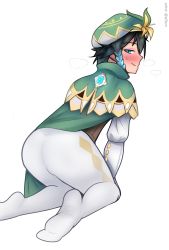 Rule 34 | 1boy, absurdres, aqua eyes, ass, black hair, blue hair, blush, cape, come hither, from behind, genshin impact, gradient hair, hat, highres, kall1sto, kneeling, leggings, looking at viewer, looking back, multicolored hair, naughty face, short hair with long locks, smile, solo, trap, venti (genshin impact)