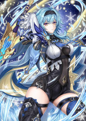 Rule 34 | 1girl, arms up, black gloves, black hairband, black thighhighs, blue hair, bodystocking, boots, breasts, closed mouth, cowboy shot, crossed bangs, eula (genshin impact), genshin impact, gloves, greatsword, hair ornament, hairband, harukey, highres, long sleeves, looking at viewer, medium breasts, medium hair, skindentation, solo, sword, thigh boots, thighhighs, thighs, vision (genshin impact), weapon, yellow eyes