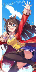 Rule 34 | 1girl, :d, animal ears, bird, blue eyes, blue shorts, blue skirt, bracelet, breasts, brown hair, brown thighhighs, buttons, cleavage, coat, double-breasted, el condor pasa (umamusume), eye mask, hand up, highres, horse ears, itou (onsoku tassha), jewelry, large breasts, looking at viewer, miniskirt, one eye closed, open clothes, open coat, open mouth, pleated skirt, ponytail, red coat, red footwear, shirt, shoes, shorts, skirt, smile, solo, standing, standing on one leg, teeth, thighhighs, umamusume, upper teeth only, yellow shirt