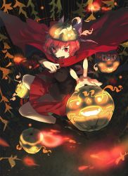 Rule 34 | 1girl, bad id, bad pixiv id, cape, disembodied head, halloween, hat, hichiko, highres, in container, jack-o&#039;-lantern, looking at viewer, open mouth, red eyes, red hair, sekibanki, shirt, skirt, solo, touhou