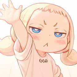 Rule 34 | 1girl, :&lt;, blonde hair, blue eyes, child, commentary request, hand up, kozato (yu kozato), looking at viewer, low twintails, original, shirt, short sleeves, short twintails, simple background, solo, twintails, upper body, white background, white shirt