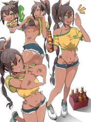 1girl :d alternate_costume ass beer_bottle bikini bikini_under_clothes black_bikini bottle brazilian_flag_print brazilian_miku brazilian_miku_(cosplay) breasts chibi clothes_lift commentary_request cosplay cropped_shirt cutoffs dark-skinned_female dark_skin denim denim_shorts fang green_eyes grin hatsune_miku highres holding holding_bottle large_breasts long_hair multiple_views navel one_eye_closed open_mouth re:zero_kara_hajimeru_isekai_seikatsu shaula_(re:zero) shirt shirt_lift shoes short_shorts short_sleeves shorts side-tie_bikini_bottom simple_background skin_fang smile sneakers solo swimsuit tan tanline thighs white_background white_footwear yellow_shirt zerobarto