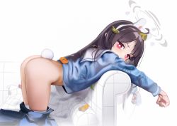 Rule 34 | 1girl, absurdres, animal ears, ass, black hair, blue archive, blue shirt, blue skirt, blush, clothes pull, commentary, couch, dirty, dirty clothes, fake animal ears, female focus, footprints, halo, highres, leaf, leaf on head, long hair, long sleeves, looking at viewer, miyu (blue archive), pantyhose, pantyhose pull, rabbit ears, rabbit tail, red eyes, sailor collar, shirt, skirt, skirt pull, solo, sweetonedollar, symbol-only commentary, tail, thighs, white background, white sailor collar