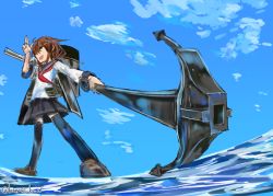Rule 34 | 10s, 1girl, anchor, brown hair, commentary request, day, full body, hair ornament, hairclip, ikazuchi (kancolle), kantai collection, kuranoko emaki, machinery, ocean, one-hour drawing challenge, open mouth, school uniform, serafuku, short hair, skirt, sky, solo, thighhighs, twitter username, yellow eyes