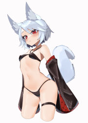 Rule 34 | 1girl, absurdres, animal ears, bikini, blush, cropped legs, detached sleeves, fox ears, fox girl, fox tail, grey hair, halterneck, highres, long sleeves, looking at viewer, myakuro, navel, original, parted bangs, red eyes, short hair, skindentation, sleeves past fingers, sleeves past wrists, solo, swimsuit, tail, thick eyebrows, thigh strap, zipper