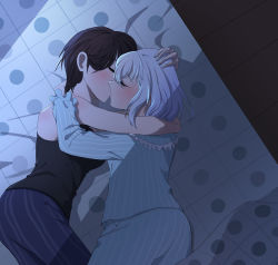 Rule 34 | 2girls, absurdres, arm around neck, artist request, ass, bang dream!, bare shoulders, bed, black hair, blush, breasts, couple, closed eyes, french kiss, hand on another&#039;s head, height difference, highres, hug, kiss, kurata mashiro, multiple girls, on bed, pajamas, short hair, tagme, tank top, white hair, yashio rui, yuri