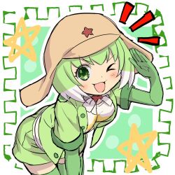 Rule 34 | 1girl, bow, bowtie, elbow gloves, gloves, green eyes, green hair, hat, jacket, kemono friends, kemono friends 3, keroro (kemono friends), keroro gunsou, kneehighs, looking at viewer, one eye closed, open mouth, shiroi karasu, shirt, short hair, simple background, skirt, smile, socks, solo, star (symbol)