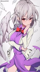 Rule 34 | 1girl, arm under breasts, bird wings, blouse, blush, bow, bowtie, braid, breasts, closed mouth, collared shirt, commentary request, cowboy shot, ears, feathered wings, feathers, french braid, grey feathers, grey hair, grey jacket, grey wings, hand on own chin, highres, jacket, kishin sagume, large breasts, long sleeves, looking at viewer, purple shirt, purple skirt, red bow, red bowtie, red eyes, shirt, short hair, simple background, single wing, skirt, solo, thighs, touhou, white background, wings, yoshinatsu
