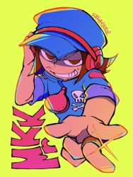 Rule 34 | 1boy, artist name, blue hat, blue jumpsuit, brown hair, character name, ezdw8583, facial hair, foreshortening, green background, grin, hat, headphones, jewelry, jumpsuit, male focus, mr. kk, pop&#039;n music, ring, shaded face, short hair, simple background, skull and crossbones, sleeves rolled up, smile, solo, sparkle, sparse stubble, stubble, zipper pull tab