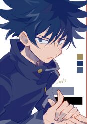 Rule 34 | 1boy, auko, black eyes, black hair, black jacket, color guide, commentary request, dog shadow puppet, fushiguro megumi, highres, jacket, jujutsu kaisen, long sleeves, looking at viewer, male focus, messy hair, parted lips, signature, simple background, solo, upper body, white background