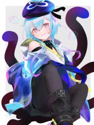 Rule 34 | 1boy, arknights, bare shoulders, beret, black footwear, black pantyhose, black shirt, blue hair, blue hat, blue neckerchief, boots, closed mouth, commentary request, gradient hair, grey background, hair between eyes, hat, highres, long hair, looking at viewer, male focus, mizuki (arknights), multicolored hair, neckerchief, pantyhose, pink hair, red eyes, roki@, shirt, sleeveless, sleeveless shirt, smile, solo, tentacles, two-tone background, very long hair, white background
