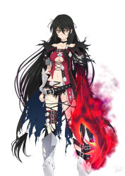 Rule 34 | 1girl, artist name, belt, belt buckle, black hair, black neckwear, braid, breasts, buckle, cape, choker, claws, highres, isshi pyuma, long hair, looking at viewer, navel, red shirt, revealing clothes, shirt, signature, simple background, solo, tales of (series), tales of berseria, text focus, torn clothes, velvet crowe, white background, yellow eyes