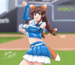 Rule 34 | 1girl, alternate costume, animal ears, baseball stadium, blue shirt, blue skirt, blurry, blurry background, braid, bridal gauntlets, brown hair, cheerleader, commentary request, cowboy shot, fox ears, fox tail, green eyes, heads together, highres, kaminashi yamato, kantai collection, kitsune dance, layered skirt, looking at viewer, midriff, noshiro (kancolle), paw pose, shirt, signature, simple background, skirt, sleeveless, sleeveless shirt, solo, sweat, swept bangs, tail, twin braids, white background