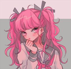 Rule 34 | 1girl, 382, :p, black ribbon, blush, commentary request, earrings, grey background, hair ribbon, jewelry, long hair, long sleeves, looking at viewer, neckerchief, original, pink background, pink eyes, pink hair, ribbon, sailor collar, school uniform, serafuku, simple background, solo, stud earrings, tongue, tongue out, twintails, two-tone background, upper body