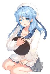 Rule 34 | 1girl, apron, blue eyes, blue hair, blue sailor collar, blush, bowl, breasts, cleavage, double bun, grey skirt, hair bun, hat, highres, holding, holding bowl, kantai collection, kappougi, large breasts, long hair, long sleeves, looking at viewer, miso soup, open mouth, pleated skirt, sailor collar, sailor hat, senbei (senbe i), simple background, skirt, smile, solo, urakaze (kancolle), white background, white hat