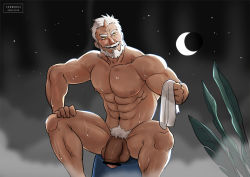 Rule 34 | 1boy, abs, bad id, bad pixiv id, bar censor, bara, beard, bulge, censored, cerberus arts, facial hair, hogen (housamo), horns, large pectorals, large penis, looking at viewer, male focus, manly, moon, muscular, nipples, old, old man, pectorals, penis, single horn, sitting, smile, solo, sweat, tokyo houkago summoners, towel, upper body, yellow eyes