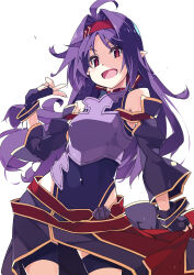 1girl ahoge armor bare_shoulders breastplate commentary_request covered_navel cowboy_shot fingerless_gloves gloves hair_intakes hairband hand_up highres leotard long_hair looking_at_viewer multicolored_clothes multicolored_skirt open_mouth pointy_ears purple_armor purple_gloves purple_hair purple_leotard purple_skirt purple_sleeves red_eyes red_hairband red_skirt shikei simple_background skirt smile solo sword_art_online thigh_strap white_background yuuki_(sao)