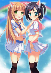 Rule 34 | 2girls, absurdres, animal ears, artist request, black hair, black legwear, blonde hair, blue background, blue eyes, blue sailor collar, blush, breasts, cat ears, character request, cloud, from side, green eyes, hand up, highres, long hair, looking at viewer, looking to the side, midriff, multiple girls, navel, open mouth, pink sailor collar, pleated skirt, ponytail, rainbow, sailor collar, school uniform, serafuku, shirt, short hair, short sleeves, side ponytail, simple background, skindentation, skirt, sky, small breasts, smile, source request, standing, thighhighs, uniform, white shirt, white skirt, zettai ryouiki
