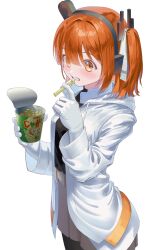 Rule 34 | 1girl, a.i. voice, adachi rei, belt buckle, blush, buckle, calbee (potato chips), cowboy shot, cup, eating, food, gloves, hair ribbon, hashtag-only commentary, headset, highres, holding, holding cup, holding food, hood, hood down, hooded jacket, jacket, kaimu (adachi rei), medium hair, one side up, open clothes, open jacket, orange eyes, orange hair, parted lips, radio antenna, ribbon, simple background, solo, standing, utau, white background, white gloves, white jacket, white ribbon