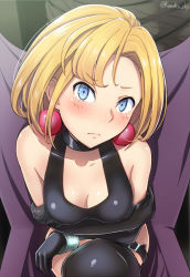 Rule 34 | 1girl, bad id, bad pixiv id, bare shoulders, black gloves, black thighhighs, blonde hair, blush, bottomless, breasts, cleavage, collarbone, convenient censoring, crossed arms, crossed legs, earrings, elbow gloves, gloves, jewelry, junketsu no maria, kanden sky, maria (junketsu no maria), shirt, sitting, sleeveless, sleeveless shirt, solo, thighhighs