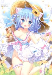 Rule 34 | 1girl, :d, absurdres, animal ears, armpits, bare shoulders, bell, blue eyes, blue hair, bow, braid, breasts, cat ears, cat girl, cat tail, cleavage, clothes lift, collarbone, convenient censoring, day, dress, dress lift, fang, flower, frilled dress, frills, groin, highres, jingle bell, large breasts, bridal garter, leg up, long hair, looking at viewer, no panties, open mouth, original, outdoors, petals, picpicgram, sandals, scan, sleeveless, sleeveless dress, smile, solo, stuffed animal, stuffed toy, sunflower, tail, tail bow, tail ornament, teddy bear, thigh gap, thighs, white dress