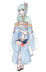 Rule 34 | 1girl, blue hair, hand fan, fire emblem, fire emblem: the blazing blade, holding, holding fan, japanese clothes, kimono, looking at viewer, ninian, nintendo, red eyes, solo