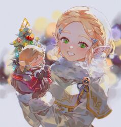 Rule 34 | 1girl, blurry, blurry background, braid, brown gloves, character doll, christmas tree, doll, fur collar, gloves, green eyes, grin, heart, highres, holding, holding doll, long sleeves, looking at viewer, master sword, nintendo, outdoors, parted bangs, pointy ears, princess zelda, rain rkgk, smile, snow, solo, teeth, the legend of zelda, the legend of zelda: breath of the wild, the legend of zelda: tears of the kingdom, triforce print, upper body, winter
