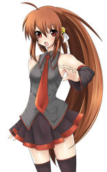 Rule 34 | bare shoulders, brown hair, detached sleeves, little busters!, long hair, masayu, miniskirt, natsume rin, necktie, parody, red eyes, skirt, solo, thighhighs, vocaloid, zettai ryouiki