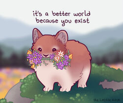 Rule 34 | animal, animal ear fluff, animal focus, artist name, blurry, blurry background, bouquet, commentary, english commentary, english text, flower, flower in mouth, grass, hamster, no humans, original, plant, purple flower, thelatestkate, white flower, yellow flower