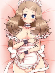 Rule 34 | 10s, 1girl, alternate costume, apron, bed, bed sheet, blonde hair, blue eyes, blush, bottomless, bow, breasts, brown hair, choker, chro (rulurullu), cleavage, collarbone, creatures (company), enmaided, frills, frown, game freak, groin, highres, hip focus, large breasts, legs, long hair, looking at viewer, lying, maid, maid apron, maid headdress, naked apron, nintendo, no panties, off shoulder, on back, on bed, pokemon, pokemon (anime), pokemon xy, ribbon choker, serena (pokemon), solo, sweat, wrist cuffs