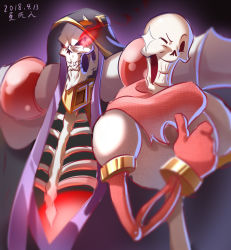 Rule 34 | 2boys, ainz ooal gown, black cloak, cloak, crossover, dark background, dated, gloves, glowing, glowing eyes, highres, hood, hooded cloak, looking at viewer, male focus, multiple boys, nanquan zhanglang, one eye closed, overlord (maruyama), papyrus (undertale), red eyes, red gloves, red scarf, ribs, scarf, skeleton, standing, thumbs up, trait connection, undertale, upper body