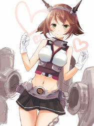 Rule 34 | 10s, 1girl, bad id, bad pixiv id, brown hair, chain, gloves, green eyes, hairband, heart, kantai collection, looking at viewer, machinery, midriff, mutsu (kancolle), navel, nunucco, personification, short hair, smile, solo, thigh gap