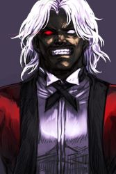 Rule 34 | 1boy, black ribbon, collared shirt, dark-skinned male, dark skin, glowing, glowing eyes, grin, heterochromia, hungry clicker, jacket, male focus, neck ribbon, open clothes, open jacket, parted bangs, purple background, red eyes, red jacket, ribbon, rugal bernstein, shirt, simple background, smile, snk, solo, the king of fighters, upper body, white eyes, white hair, white shirt