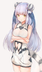 Rule 34 | 1girl, absurdres, bare shoulders, blue hair, blush, breast hold, breasts, chinese clothes, crossed arms, double bun, dress, fang, gradient hair, hair ornament, hairclip, haku (p&amp;d), highres, long hair, multicolored hair, open mouth, purple hair, puzzle &amp; dragons, silver (chenwen), solo, tail, tiger tail, white dress, white hair, yellow eyes