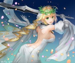 Rule 34 | 10s, 1girl, aestus estus, alle gro, arms up, bare back, blonde hair, breasts, bridal veil, butt crack, dress, elbow gloves, fate/extra, fate/extra ccc, fate (series), from side, gloves, green eyes, grey gloves, holding, holding sword, holding weapon, large breasts, laurel crown, looking at viewer, looking back, nero claudius (bride) (fate), nero claudius (bride) (third ascension) (fate), nero claudius (fate), nero claudius (fate) (all), open mouth, short hair with long locks, sideboob, sidelocks, smile, solo, sword, twitter username, veil, weapon, wedding dress