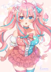 Rule 34 | 1girl, ahoge, artist name, blue eyes, blue hair, blue thighhighs, bow, character name, commission, cross-laced clothes, detached collar, highres, indie virtual youtuber, kura noi, long hair, looking at viewer, multicolored hair, open mouth, pink bow, pink hair, pink thighhighs, pointy ears, skeb commission, tenshimi (vtuber), thighhighs, twintails, two-tone hair, virtual youtuber, zettai ryouiki