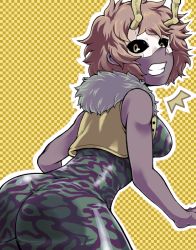 Rule 34 | 10s, 1girl, ^^^, ashido mina, ass, bare shoulders, black sclera, boku no hero academia, breasts, buttons, checkered background, clenched teeth, colored sclera, colored skin, cowboy shot, domino mask, female focus, from side, fur trim, horns, looking at viewer, looking back, mask, nasubino, open clothes, open vest, outline, pink hair, purple skin, short hair, skin tight, solo, surprised, teeth, unitard, vest, wide hips, yellow background, yellow eyes