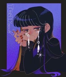 Rule 34 | 1girl, aida mogmog513, alternate body fluid, beads, black hair, black sweater, blue background, blunt bangs, brown eyes, colored inner hair, commentary request, covered mouth, crying, english text, eyelashes, eyeshadow, from side, gem, glint, gradient background, hair flowing over, highres, jewelry, long hair, long sleeves, looking at viewer, looking to the side, lying, makeup, multicolored eyes, multicolored hair, nail polish, on stomach, orange hair, original, outside border, own hands together, pearl (gemstone), purple background, purple eyes, purple hair, red nails, solo, straight hair, streaked hair, sweater, turtleneck, turtleneck sweater, upper body