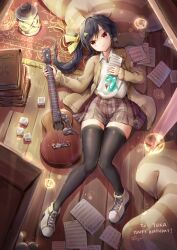 Rule 34 | 1girl, acoustic guitar, black hair, black thighhighs, book, brown cardigan, cardigan, carpet, collared shirt, dress shirt, english text, fii fii (feefeeowo), full body, grey skirt, guitar, hair ornament, hair ribbon, hairclip, happy birthday, highres, holding, holding instrument, holding paper, indoors, instrument, kerosene lamp, lens flare, light blush, light particles, long hair, looking to the side, lying, nagase yuka, on back, on floor, open cardigan, open clothes, paper, pile of books, pillow, print shirt, red eyes, ribbon, riot music, sheet music, shirt, shoes, side ponytail, sidelocks, skirt, smile, sneakers, thighhighs, virtual youtuber, white footwear, white shirt, wooden floor, yellow ribbon