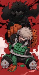 Rule 34 | 2boys, angry, arm grab, bakugou katsuki, behind another, black bodysuit, black whip (boku no hero academia), blonde hair, bodysuit, boku no hero academia, cape, chiyaya, constricted pupils, eye mask, floating cape, floating hair, freckles, gloves, glowing, glowing eyes, green eyes, green gloves, gun, hair between eyes, high collar, highres, holding own arm, knee pads, looking at viewer, machine gun, male focus, midoriya izuku, mouth hold, multiple boys, neck brace, official alternate costume, one eye covered, orange gloves, parted lips, red background, red eyes, sanpaku, short hair, sitting, smoke, spiked hair, spoilers, sweat, tears, teeth hold, torn cape, torn clothes, torn mask, two-tone gloves, wariza, weapon, wide-eyed