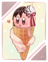 Rule 34 | :p, border, brown background, chocolate, chocolate icing, closed mouth, commentary request, disembodied hand, food, food focus, foodification, hair ribbon, hatoridayou, heart, holding, holding food, holding ice cream, ice cream, ice cream cone, kirby, kirby (series), melting, multicolored background, nintendo, pink background, red ribbon, ribbon, rounded corners, signature, solo focus, sprinkles, tongue, tongue out, whipped cream, white border, yellow background