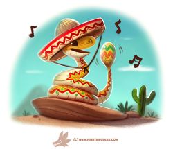 Rule 34 | :d, black eyes, black ribbon, blue sky, bush, cactus, creature, cryptid creations, day, desert, full body, hat, motion lines, musical note, no humans, open mouth, original, outdoors, plant, profile, pun, quaver, rattle, ribbon, rock, sky, smile, snake, sombrero, watermark, web address