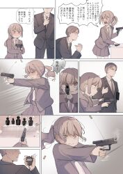 Rule 34 | 1boy, 1girl, :t, ^^^, black jacket, black pants, blunt bangs, blush, brown eyes, brown hair, brown jacket, brown necktie, brown skirt, child, closed mouth, collared shirt, comic, crying, crying with eyes open, firing, forehead, formal, gun, handgun, highres, holding, holding gun, holding weapon, jacket, long hair, long sleeves, magazine (object), motion blur, necktie, original, pants, pantyhose, parted bangs, pleated skirt, ponytail, pout, projectile trail, shell casing, shirt, skirt, skirt suit, standing, stopwatch, suit, target, tears, translation request, tsuruse, watch, weapon, weapon request, white pantyhose, white shirt