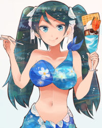 Rule 34 | 10s, 1girl, :q, bare shoulders, bikini, bikini top only, blue eyes, blue hair, breasts, collarbone, cup, drinking glass, floral print, food, gradient hair, hair ribbon, holding, holding spoon, ice cream, isuzu (kancolle), itomugi-kun, kantai collection, large breasts, long hair, looking at viewer, matching hair/eyes, multicolored hair, navel, ribbon, sarong, simple background, single-shoulder bikini, solo, spoon, swimsuit, tongue, tongue out, twintails, white background