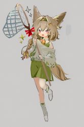 Rule 34 | 1girl, arknights, beanstalk (arknights), bell, braid, brown hair, butterfly net, full body, green hairband, grey background, grey shirt, hair intakes, hairband, hand net, highres, hyena ears, hyena tail, long sleeves, looking at viewer, neck bell, open mouth, red eyes, ryu (17569823), shirt, short hair, side braid, simple background, single braid, solo, star (symbol), white legwear